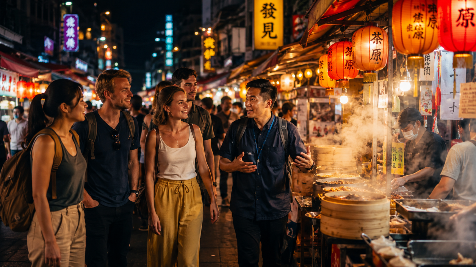 Busy night market with lanterns, food stalls, and travelers walking with a guide